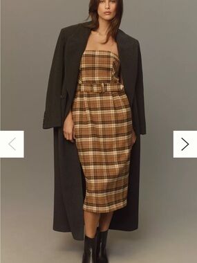 Anthropologie Brown Plaid Strapless Midi Dress with Belt